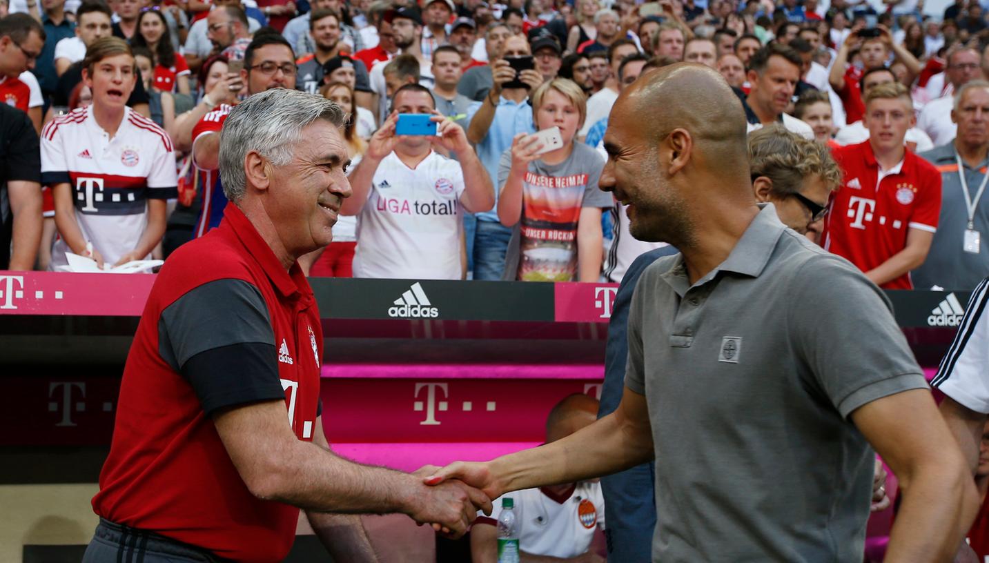 Der Alte und der Neue: Pep Guardiola und Carlo Ancelotti begrüßten sich in Fröttmaning freundschaftlich.