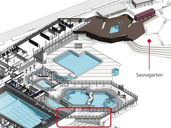 Sie ist über den hier rot umrandeten bisherigen Ruheraum des Thermalbades zugänglich. Später soll diese Sauna abgebaut und zusätzlich im neuen Saunagarten platziert werden. Sie ist über den hier rot umrandeten bisherigen Ruheraum des Thermalbades zugänglich. Später soll diese Sauna abgebaut und zusätzlich im neuen Saunagarten platziert werden.