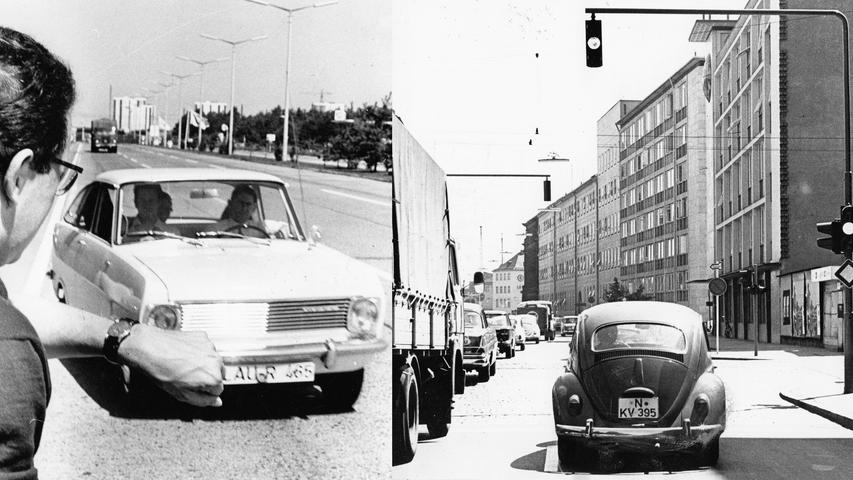 Riskantes Fahren bringt wenig ein, kostet aber viel Nerven.
 Dieses Ergebnis hat eindeutig die Probefahrt von zwei Wagen durch Nürnberg gezeigt.  Hier geht es zum Artikel vom 17. August 1966: Riskantes Fahren lohnt sich nicht .