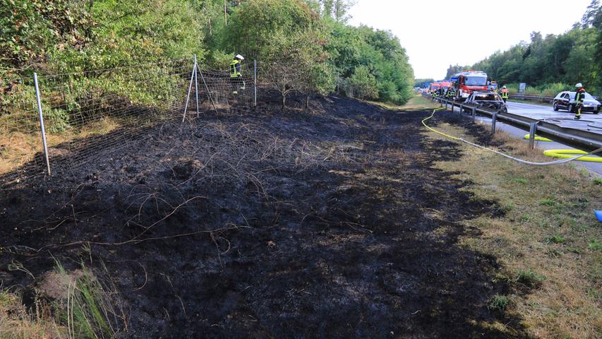 Das Feuer setzte bereits die Böschung neben dem Standstreifen in Brand und kam dem Wald gefährlich nahe.