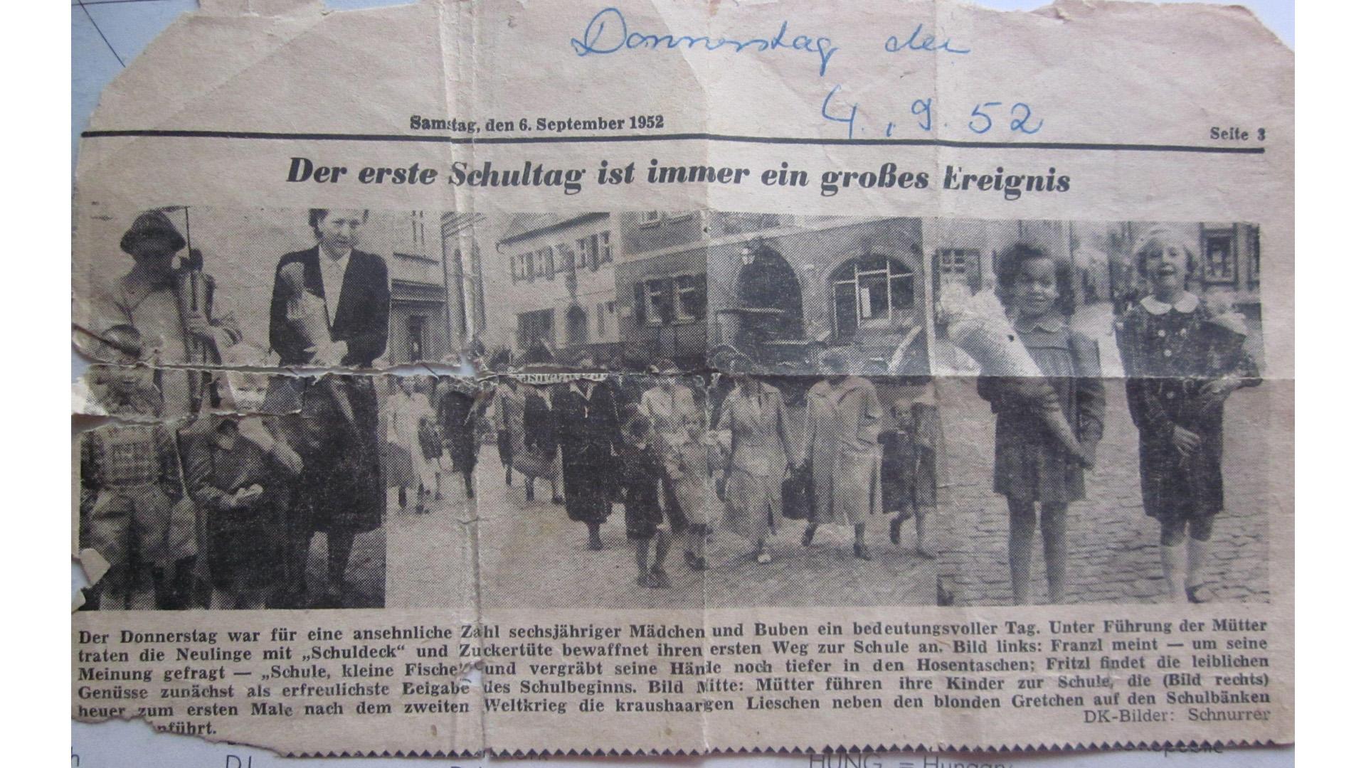 Werner Riedel fand in seinem Privatarchiv einen alten Artikel der Fränkischen Landeszeitung in Dinkelsbühl aus dem Jahr 1954. Darin zu sehen ist seine Frau Christa, "hier als blondes Gretchen dargestellt".
