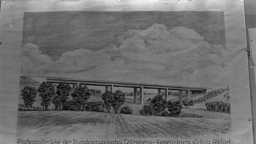 Die geplante Pfaffental-Brücke der Autobahn Nürnberg-Regensburg, südlich Altdorf, wird zu den schönsten Bauwerken dieser Strecke gehören. Hier geht es zum Artikel vom 21. September 1966: Nürnberger Kreuz - ein altes Eisen.
