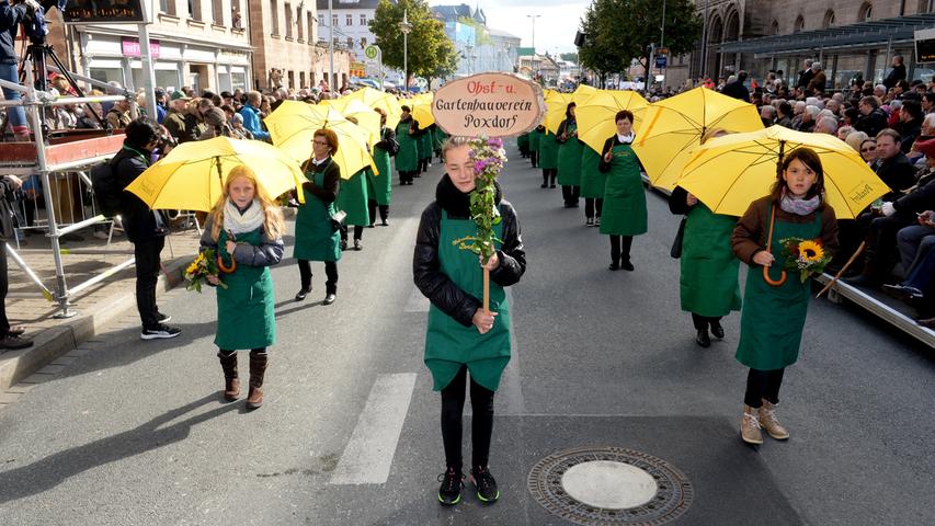 Die gelben Schirme des Obst- und Gartenvereins Poxdorf waren am Sonntag zum Glück nur als Hingucker im Einsatz.