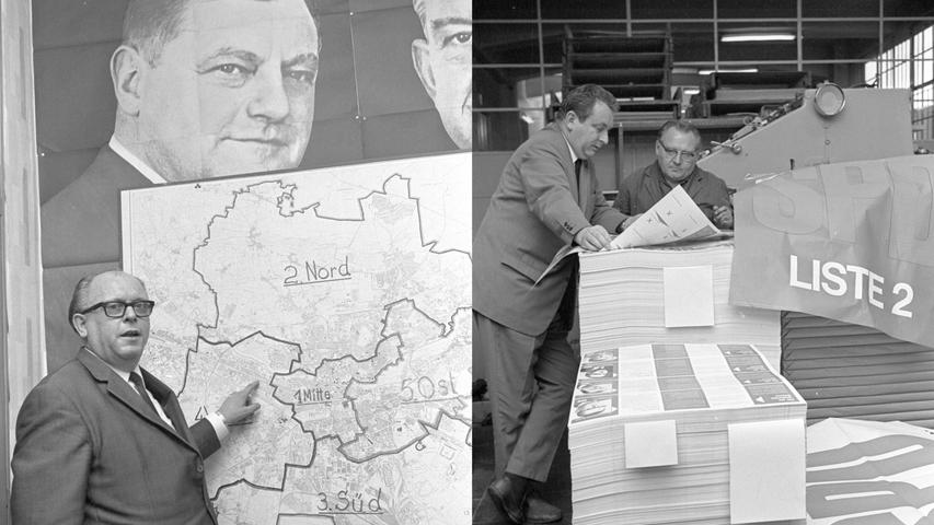 Sein Landesvorsitzender Franz Josef Strauß schaut ihm dabei zu: CSU-Landtagsabgeordneter Karl Schäfer vor der Karte, die die neugebildeten Stimmkreise zeigt (links). Im Karl-Bröger-Haus kontrolliert Rolph Mader die SPD-Plakate, die druckfrisch aus der Maschine kommen (rechts). Bald werden sie ihren Weg zu den Wählern antreten. Hier geht es zum Artikel "Eine Flugblatt-Lawine rollt an" vom 25. Oktober 1966.