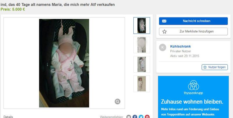 Weil ein Baby in einer Ebay-Kleinanzeige für 5000 Euro zum Verkauf angeboten wurde, hat in Duisburg die Polizei eingegriffen.