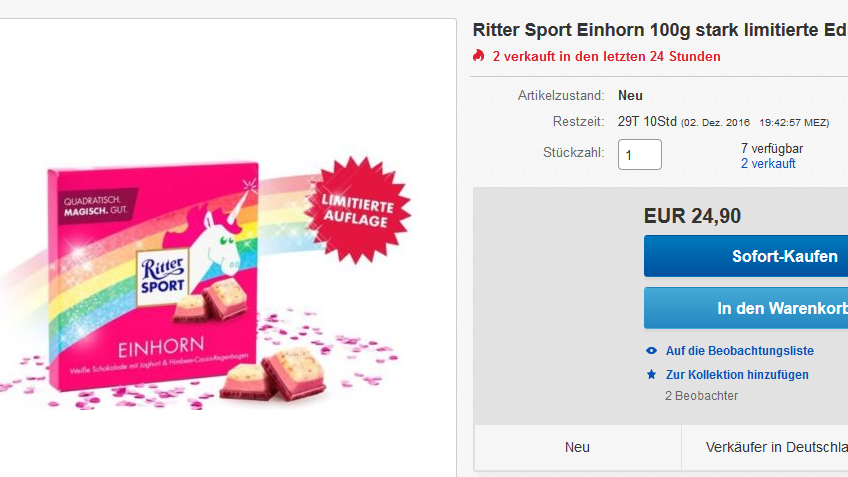 Einhorn-Schokolade lähmt Ritter-Sport-Onlineshop