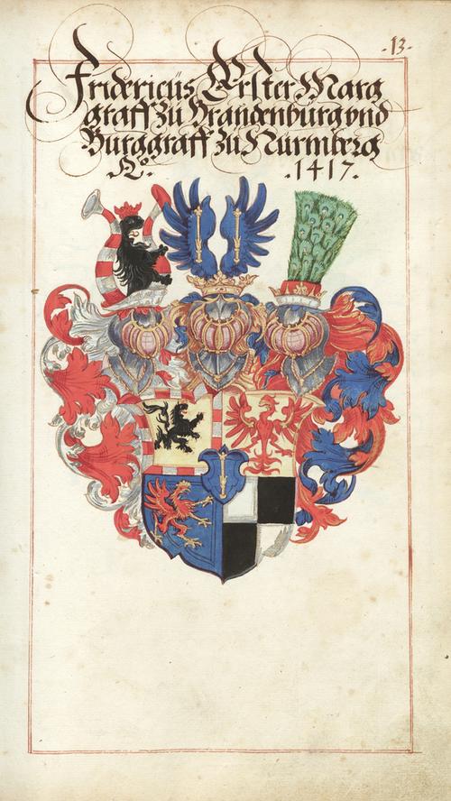 Dieses Aquarell im Kienerschen Wappenbuch von 1579 bis 1590 zeigt das Wappen des Burggrafen und ersten Kurfürsten von Brandenburg, Friedrich IV.