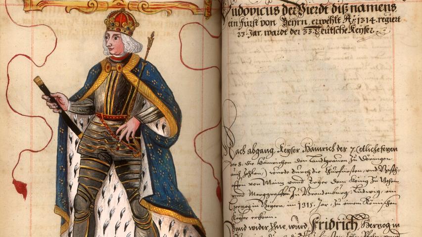 Diese Zeichnung von König Ludwig dem Bayern stammt aus einem Buch, das Anfang, Ursprung und Herkommen der kaiserlichen Reichstadt beschreibt und im 17. Jahrhundert veröffentlicht wurde.