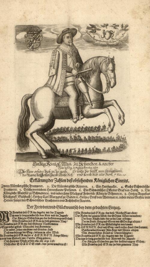 Dieses Flugblatt zum Einzug von Schwedenkönig Gustav Adolf zu Pferde ist undatiert, wird aber dem 17.Jahrhundert zugerechnet.