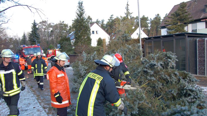 Die Feuerwehr war einige Zeit damit beschäftigt, den Nadelbaum zu zerlegen und die Straße wieder freizugeben.
 
 "Egon" hat das gesamte Nürnberger Land besonders heftig getroffen.