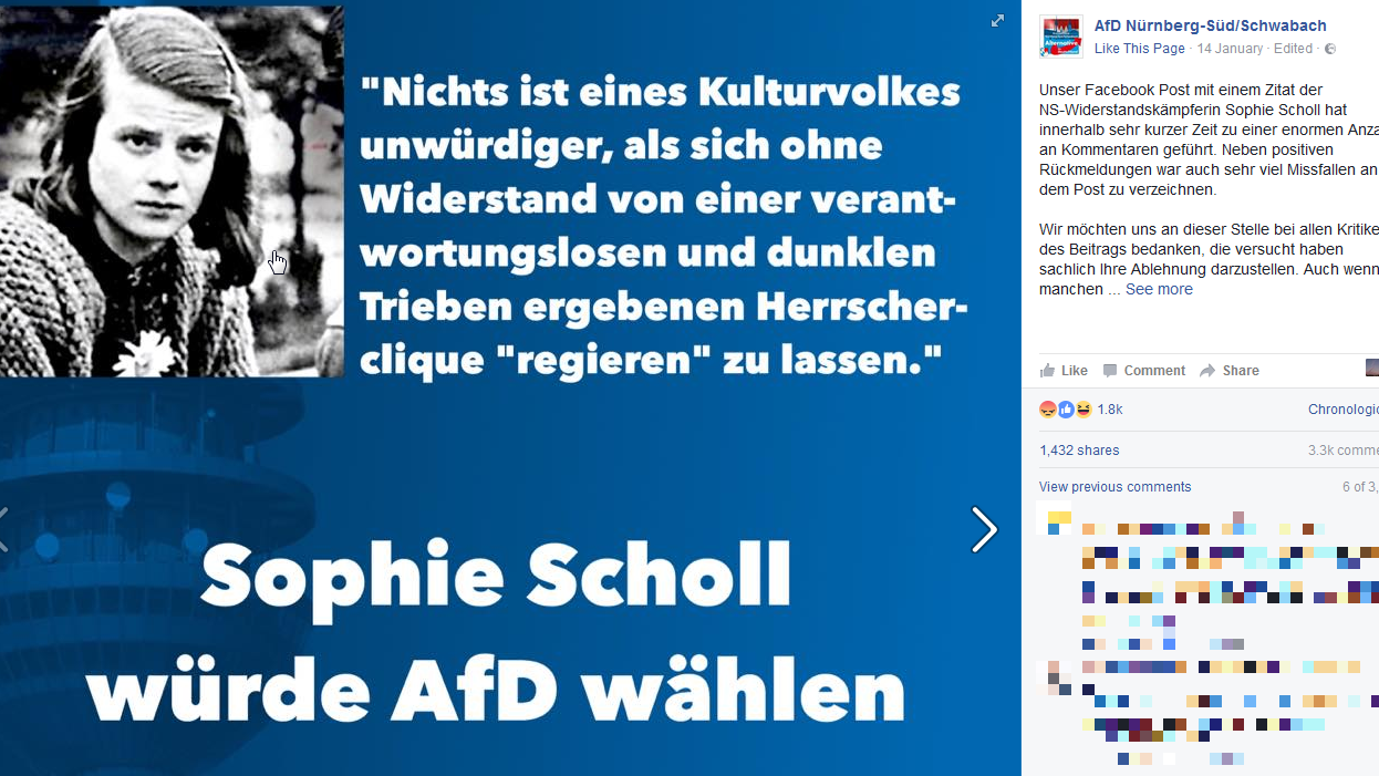 Viel Kritik erntete die Facebook-Seite "AfD Nürnberg-Süd/Schwabach" mit diesem für AfD-Werbung missbrauchten Zitat der 1943 von den Nazis getöteten Studentin Sophie Scholl.