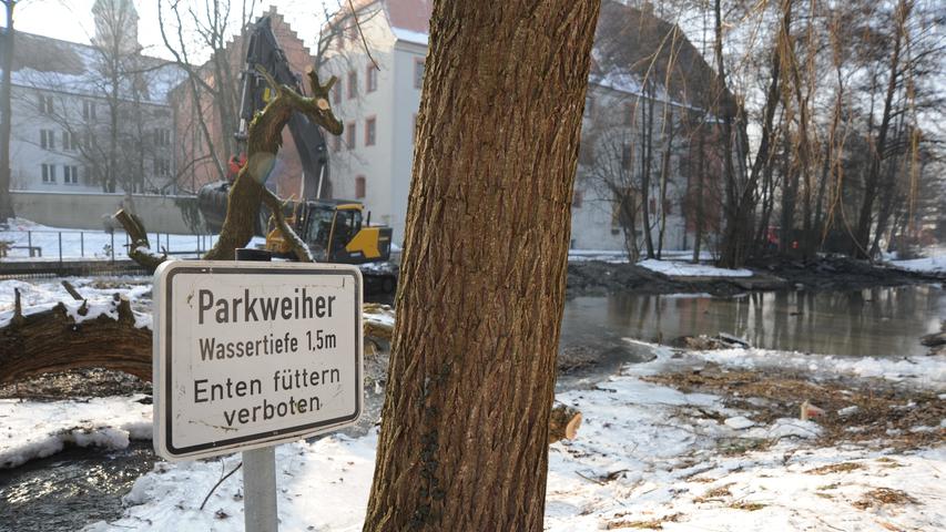 Eiskalter Job im Stadtpark: Schlammschippen mit dem Bagger.