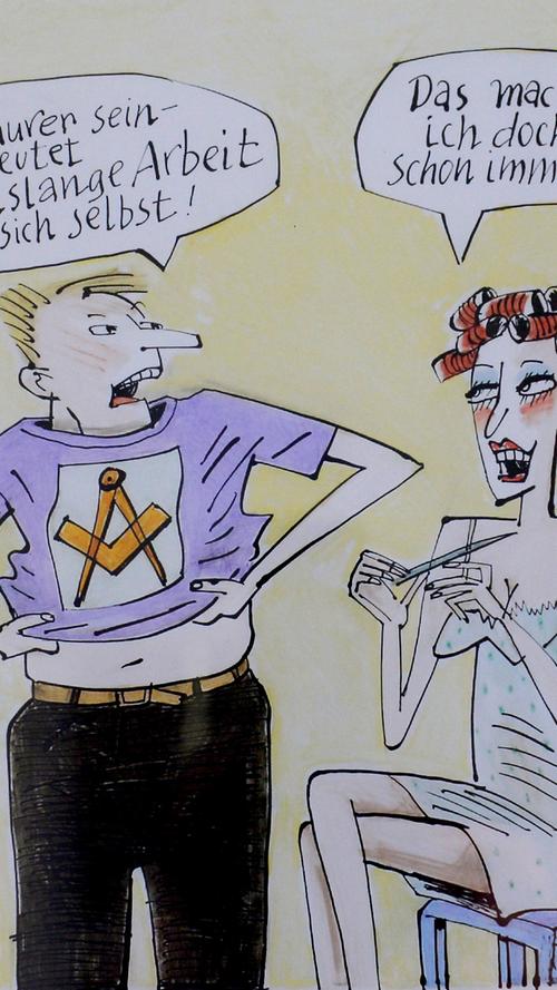 Freimaurerei und Humor schließen sich nicht aus. Diese Karikatur von Barbara Henninger war bei einer Austtellung im Logenhaus zu sehen.
