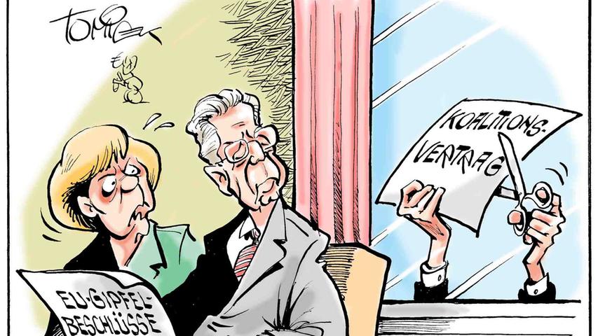 Die Karikaturisten wurden mit dem elften Präsiden­ten der Republik nie so ganz glück­lich. Im Gegensatz zur Kanzlerin (Sak­kos, Merkel-Raute) lieferte er wenige unverwechselbare Merkmale. "Auf Anhieb", schreibt der Karikaturist Pit Hammann, sei ihm zu Gauck "nichts Aufregendes" eingefallen.