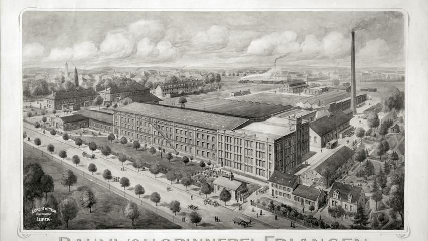 Die Baumwollspinnereien Erlangen-Bamberg - das Bild zeigt die Spinnerei in Erlangen um 1900 - haben unweit der Spinnerei eine Werkssiedlung für die Mitarbeitenden..
