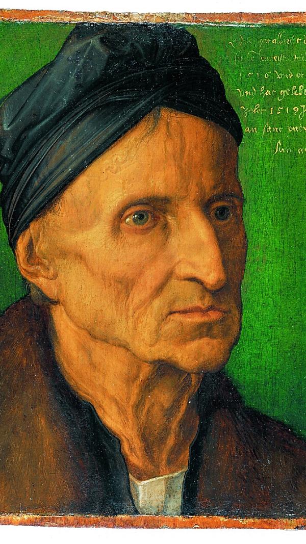 Lehrherr des jungen Albrecht Dürers war Michael Wolgemut. Mit 15 Jahren trat Dürer am 30. November 1486 in dessen Werkstatt als Malerlehrling ein. Eine gute Schule für den jungen Mann! Dürer porträtierte Michael Wolgemut auf dieser Tafel aus dem Germanischen Nationalmuseum.