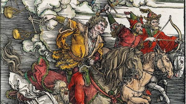 "Offenbarung" heißt auf Deutsch die wohl bekannteste Holzschnittfolge Dürers: "Die Apokalypse". Die 16 zum Buch gebundenen Holzschnitte (1496-1498) bescherten Dürer schlagartig europaweit Ruhm. Dürers ausdrucksmächtige Bilder setzen mit ihrer überwältigenden Erzählkunst neue Maßstäbe. Hier ein Ausschnitt aus den apokalyptischen Reitern.