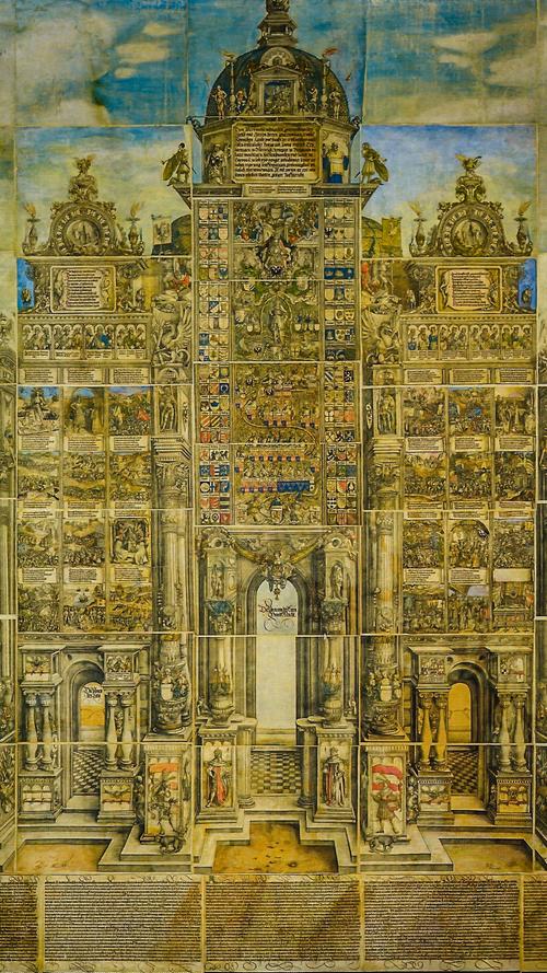 "Ehrenpforte Kaiser Maximilians I." heißt eines der spektakulärsten Werke Dürers: Es misst dreieinhalb mal drei Meter. Mit diesem auf 36 Papierbögen gedruckten, teilvergoldeten und kolorierten Werk schuf Dürer einen der größten Holzschnitte aller Zeiten.