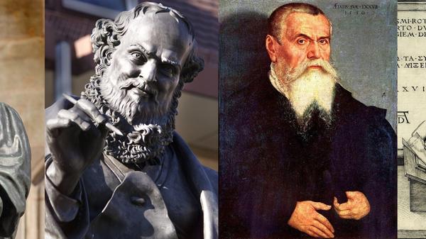 Zeitgenossen Dürers waren unter anderem (v.li.) Peter Henlein, Hans Sachs, Lucas Cranach d. Ä. und Erasmus von Rotterdam.