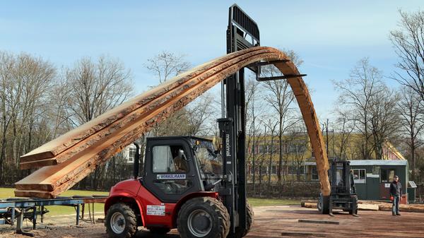 Von der Theorie in die Praxis: Als das Sägewerk im März die Stämme anlieferte, verwandelte sich der Sportplatz des Erlanger Unisportgeländes in eine große Freiluft-Holzwerkstatt.