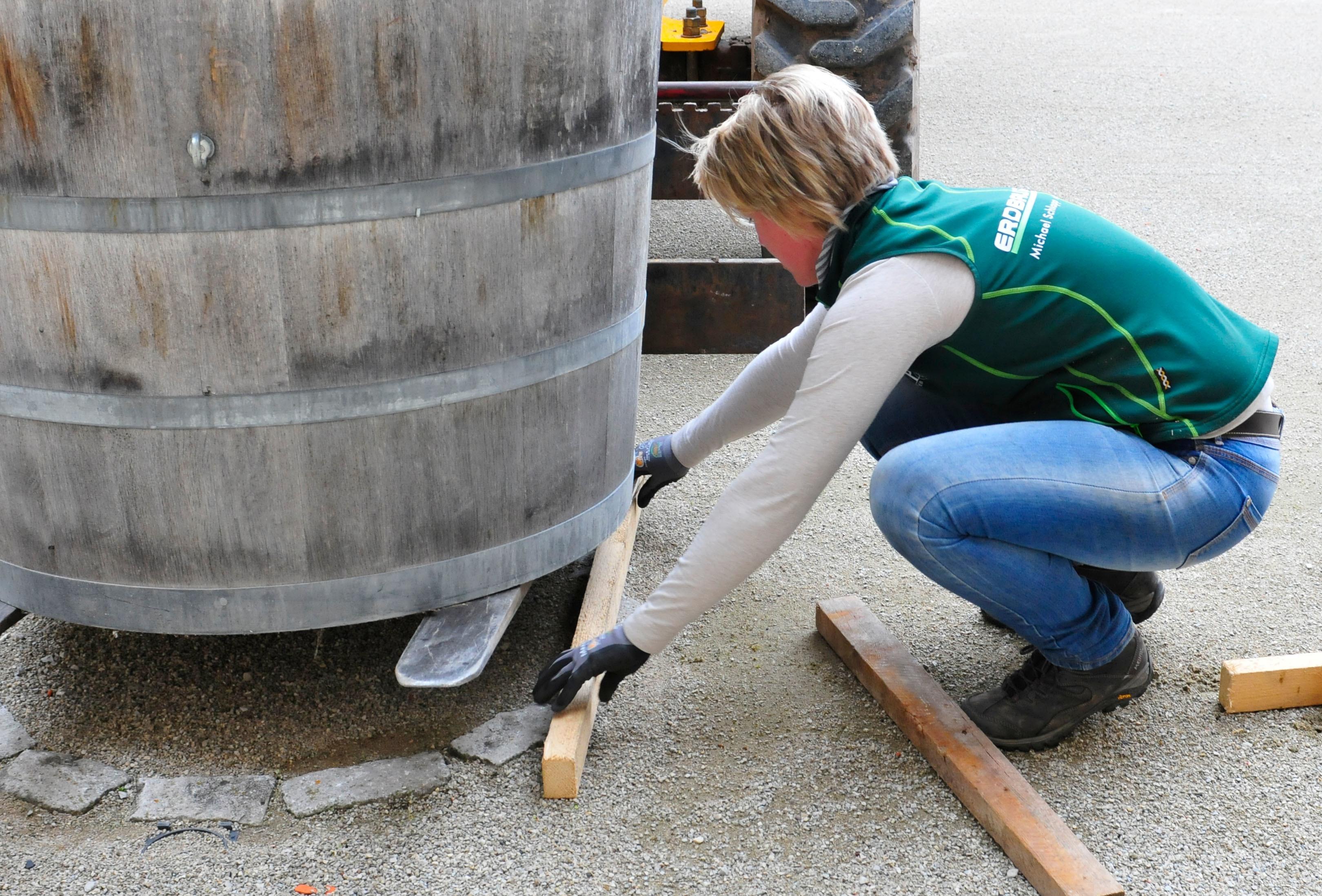 Die Palmen auf Schloss Weißenstein in Pommersfelden ziehen von ihrem Winterquartier, dem Palmenhaus, in den Ehrenhof um. Mit dem Radlader sind Anja und Michael Schlapp zugange.