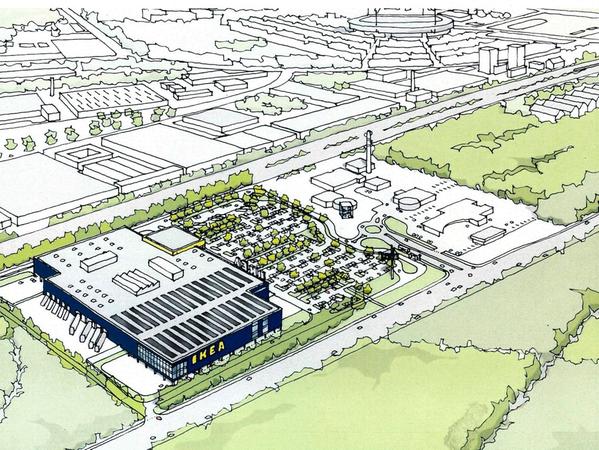 An der Regensburger Straße (im Vordergrund) plant der Möbelkonzern auf 33.000 Quadratmetern ein zweistöckiges Möbelhaus. Im Hintergrund zu sehen: die Bahnlinie, rechts oben das Stadion.