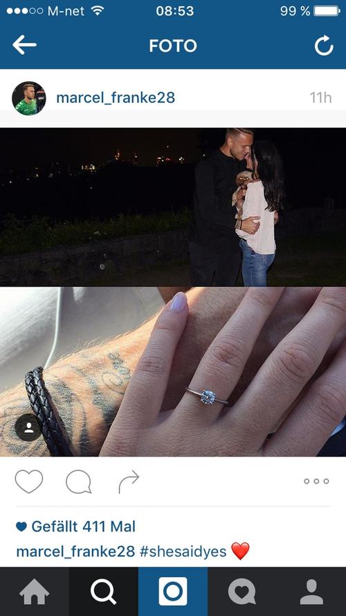 Romantik pur auf dem Instagram-Profil von Marcel Franke: Der umworbene Innenverteidiger veröffentlicht unter #shesaidyes seine Verlobung.