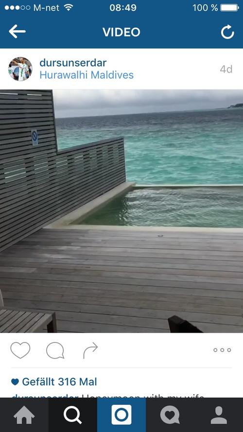 Serdar Dursun verbringt seine Flitterwochen auf den Malediven. Daran lässt er seine Instagram-Fans mit einem Video teilhaben. Leider ist es bewölkt.