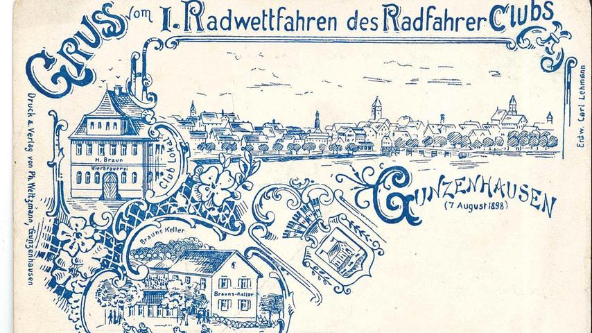 Für sein erstes Radwettfahren ließ der Radfahrerclub Gunzenhausen 1898 extra eine Postkarte drucken, um das Ereignis öffentlich zu machen. Im Vordergrund ist das Clublokal, das Gasthaus Braun zu sehen. Zu ihm gehörte auch der Braunskeller.