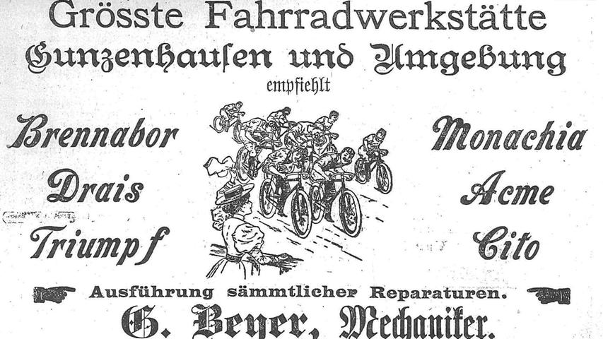 Der Mechaniker Georg Beyer warb damit, die größte Fahrradwerkstätte in Gunzenhausen und Umgebung zu haben.