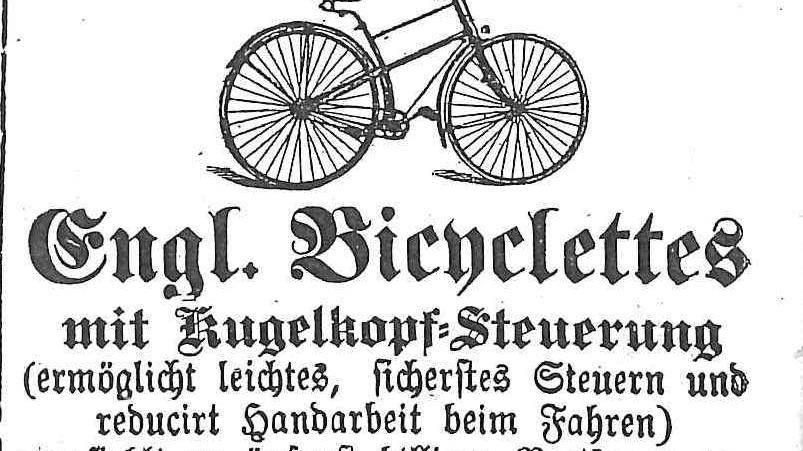 Im zu Ende gehenden 19. Jahrhundert waren offensichtlich vor allem englische Fahrräder en vogue. Karl Rathgeber aus Gunzenhausen schaltete im März 1892 dieses Inserat.