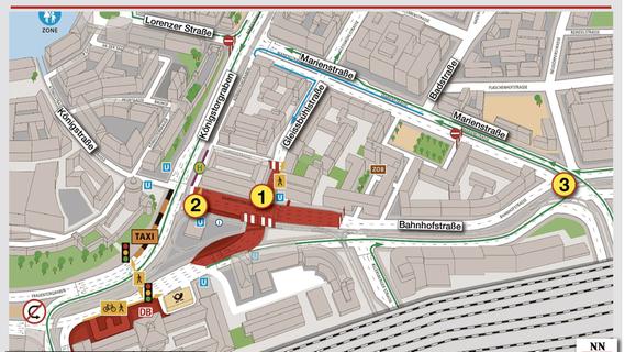 Vor dem Nürnberger Hauptbahnhof wird es jetzt eng: Am Montag startete die schwierigste Phase beim Umbau des Bahnhofsplatzes.