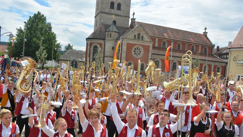 Ein Zeichen der Ehrerbietung - 500 Musiker erhoben die Instrumente zum Musikantengruß an den Musikverein Heroldsbach.