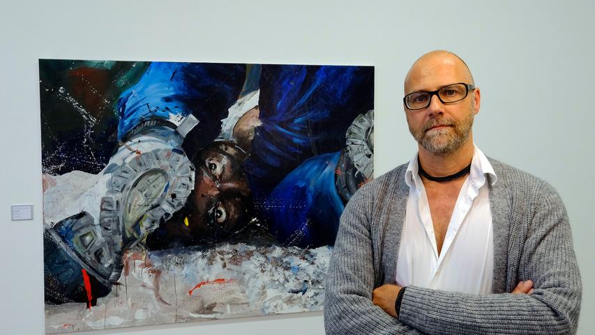Den hat sich auch Matthias Kluger verdient mit dem Gemälde "Guilty?", das an seinem deutlichen Statement gegen fremdenfeindliche Gewalt keinen Zweifel lässt.