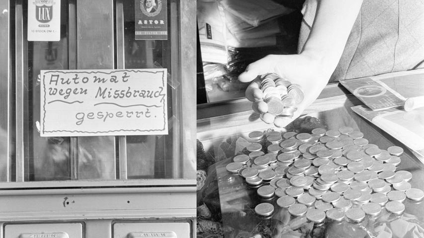 Mit einem ebenso einfachen wie lukrativen Trick kaufen tschechische Touristen in Nürnberg äußerst billig ein. Sie füttern Automaten mit einer Kronenmünze, die dem deutschen Einmark-Stück in Gewicht und Größe aufs Haar ähnelt und nur einen Wert von 25 Pfennig repräsentiert. Auf diese Weise decken die Reisenden ihren Bedarf an Zigaretten, Nylonstrümpfen und Süßigkeiten. Hier geht es zum Kalenderblatt vom 12. Juli 1967: Geschäft mit echtem Falschgeld
