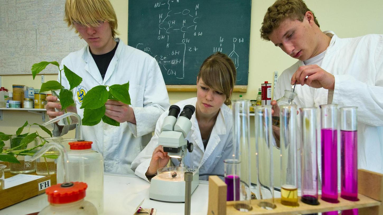 Drei Gymnasiasten experimentieren im Biologieunterricht. Die Naturwissenschaften sind in der neuen Stundentafel des bayerischen Gymnasiums gut weggekommen.