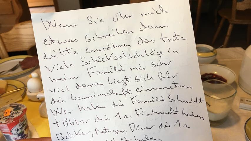 Die Wirtin Gertraud Wittmann gibt mir am Frühstückstisch einen handgeschriebenen Zettel in die Hand. Worte, die berühren - gleich am Morgen.