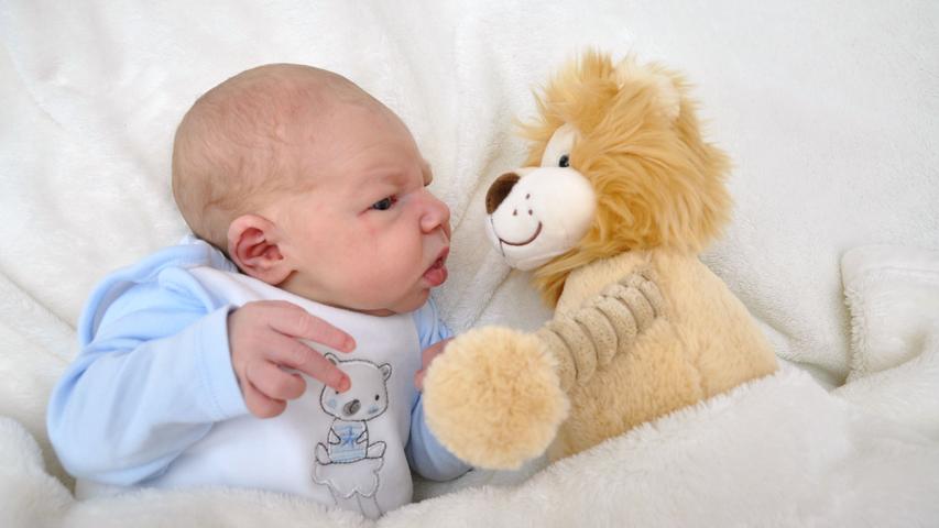 Auge in Auge mit dem Löwen: Stolze 56 Zentimeter groß und 4095 Gramm schwer war Leonard, als er am 8. August in der Klinik Hallerwiese zur Welt kam.