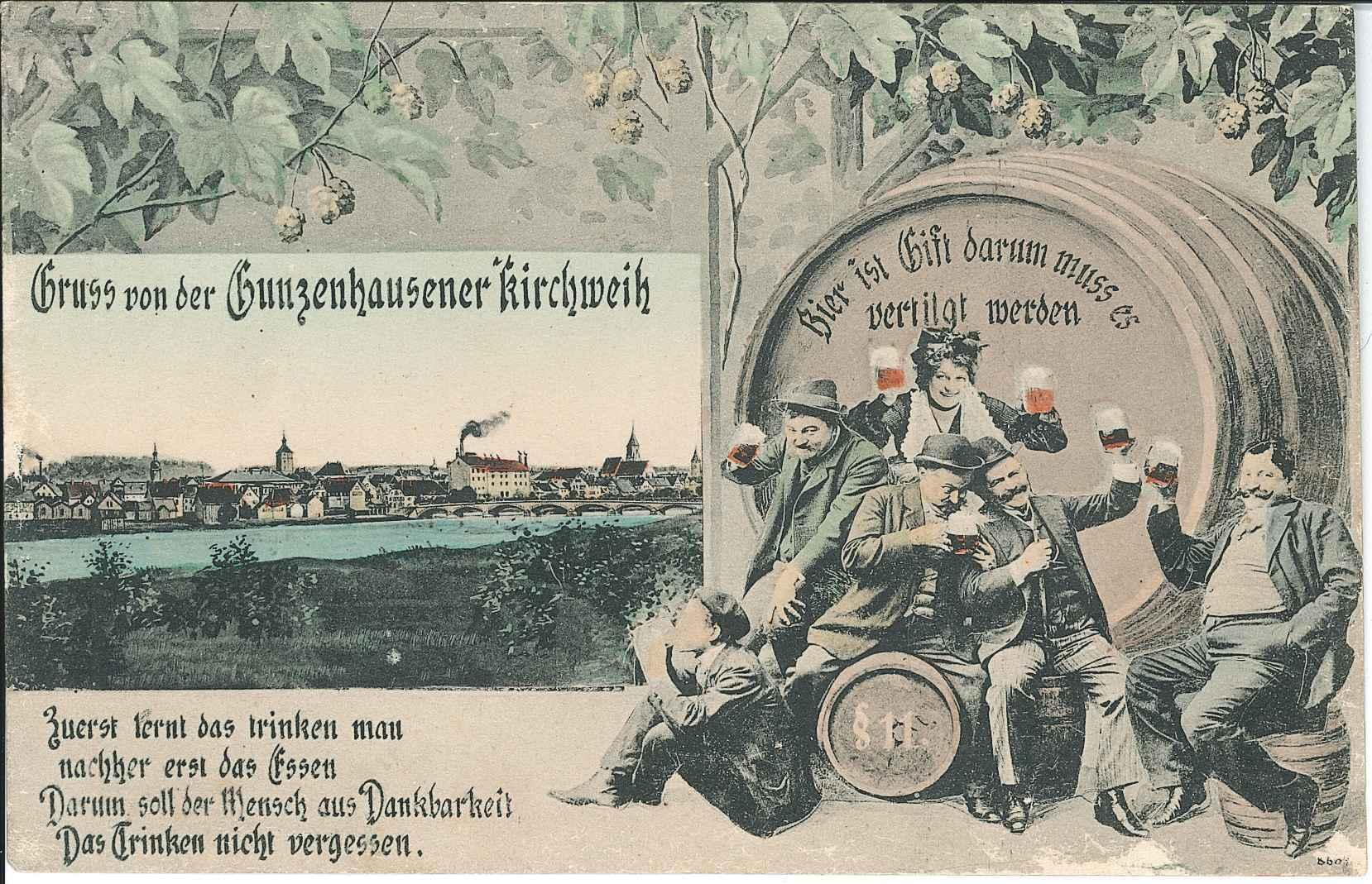 Was wären alle Attraktionen ohne etwas zu trinken? Nicht erst seit dieser Postkarte aus dem Jahr 1909 wurde auf der Kirchweih dem Bier reichlich zugesprochen.