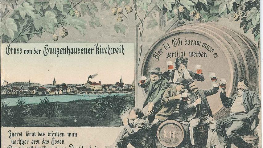 Was wären alle Attraktionen ohne etwas zu trinken? Nicht erst seit dieser Postkarte aus dem Jahr 1909 wurde auf der Kirchweih dem Bier reichlich zugesprochen.