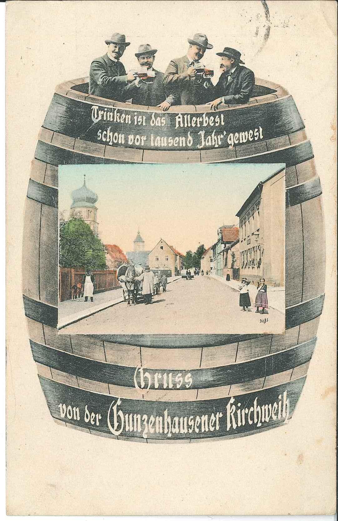 Mit einfallsreichen Motiven wurde auf Postkarten (hier aus dem Jahr 1910) für die Gunzenhäuser Kirchweih und natürlich auch das dortige Bier geworben.