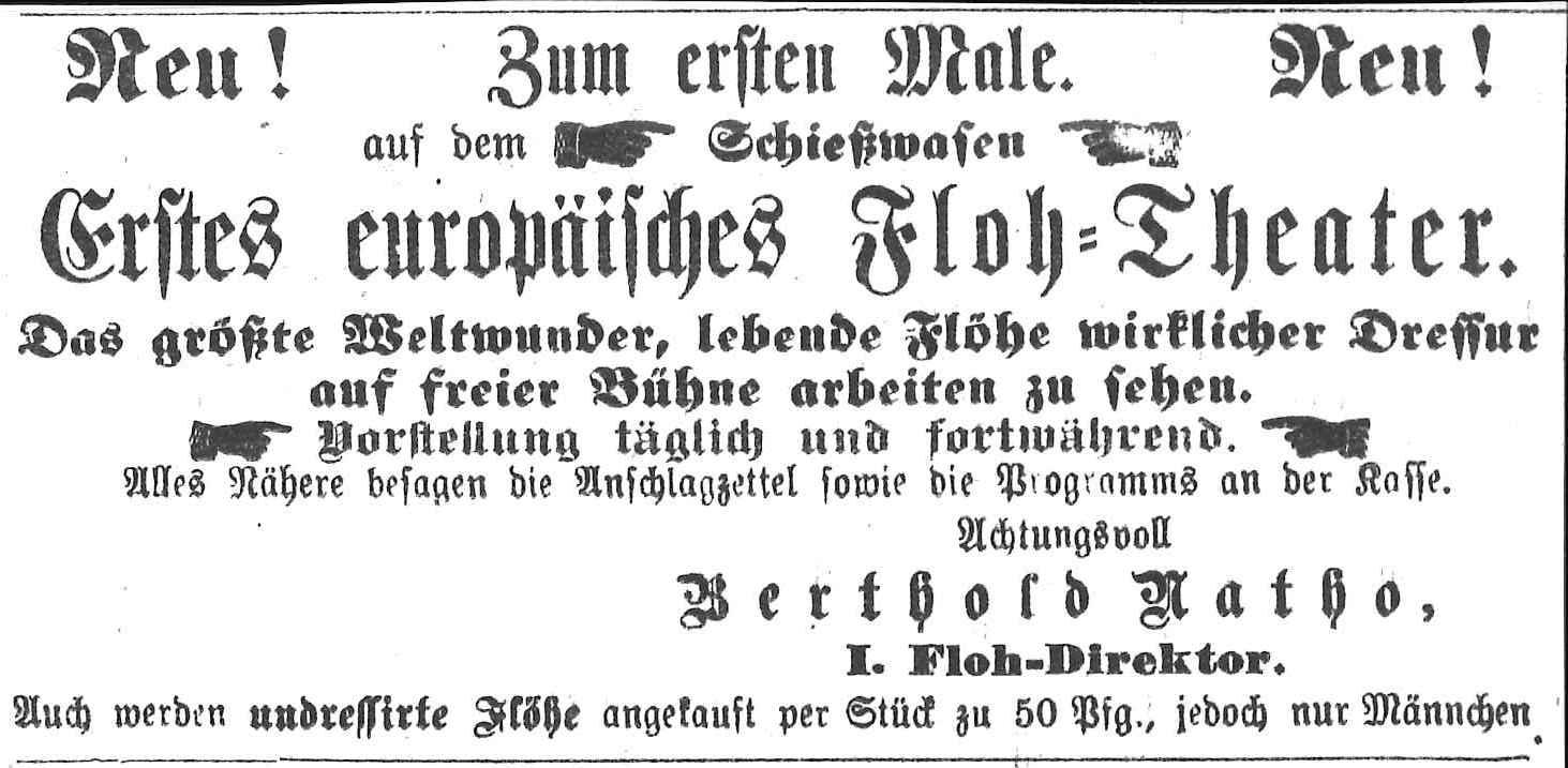 Das gab es wirklich: Floh-Theater. Dafür wurden per Zeitungsannonce Flöhe gesucht, aber bitte nur männliche. Die ließen sich offenbar besser dressieren.