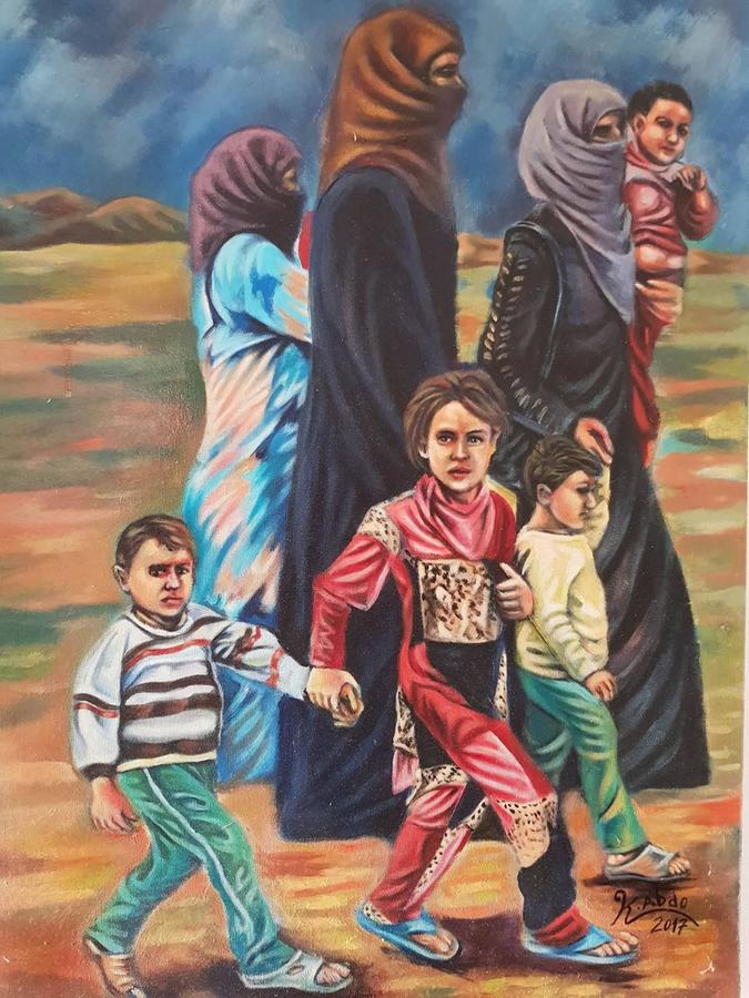 Drei Mütter mit ihren Kindern auf der Flucht: Solche Szenen, die er selbst auf seinem langen und gefährlichen Weg in die Freiheit erlebt hat, bringt der Syrer oft zu Papier. "Ich möchte bald mal etwas Fröhliches malen", sagt er.