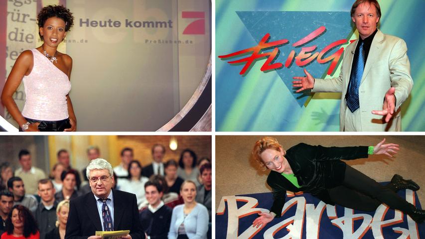 Die erste Talkshow lief 1973. Die Bildkombo zeigt die ehemalige ProSieben-Moderatorin Arabella Kiesbauer (oben, l), Moderator Jürgen Fliege vor dem Logo seiner  ARD-Talkshow «Fliege» (oben, r), Hans Meiser bei der Aufzeichnung seiner RTL-Talkshow und Fernsehmoderatorin Bärbel Schäfer posierend vor dem Logo ihrer RTL-Talkshow