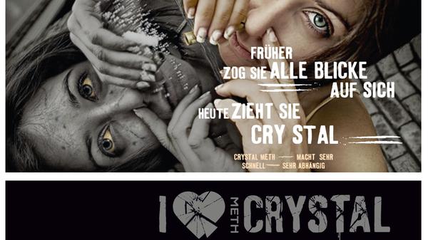 ... der Konsumenten nichts ändern. Hier ein Motiv aus der Postkartenkampagne der Initiative Mindzone, die auf die Gefahr von Drogen, hier insbesondere von Crystal, aufmerksam macht. Handel und Besitz von Amphetaminen und Methamphetaminen ohne entsprechende Erlaubnis sind strafbar.