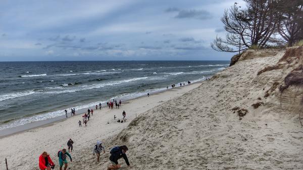 Polnische Sahara nennen sich die Wanderdünen bei Leba. Von Czolpino führt ein neun Kilometer langer Rundwanderweg durch den Wald, über die Dünen, entlang am Meer und über den Leuchtturm zurück zum Übernachtungsparkplatz.