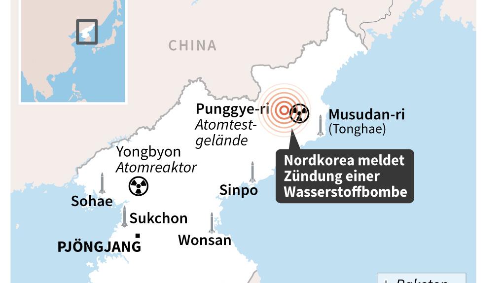 Die Karte zeigt die Standorte der nordkoreanischen Atomanlagen und Raketenabschussbasen. Der Konflikt droht mit Nordkoreas Test einer Wasserstoffbombe weiter zu eskalieren.