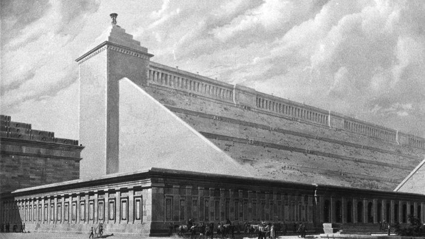Es war ein wahnsinniges Projekt: Am 9. September 1937 wurde am Reichsparteitagsgelände in Nürnberg im Beisein tausender Besucher der Grundstein für das "größte Stadion der Welt" gelegt. (Hier zu sehen ist ein Bild des Stadions von Otto A. Hirth aus der Großen Deutschen Kunstausstellung 1942.)