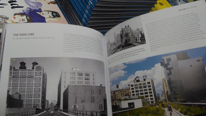 Vorher-Nachher-Bilder vom High Line Park in einem Buch.