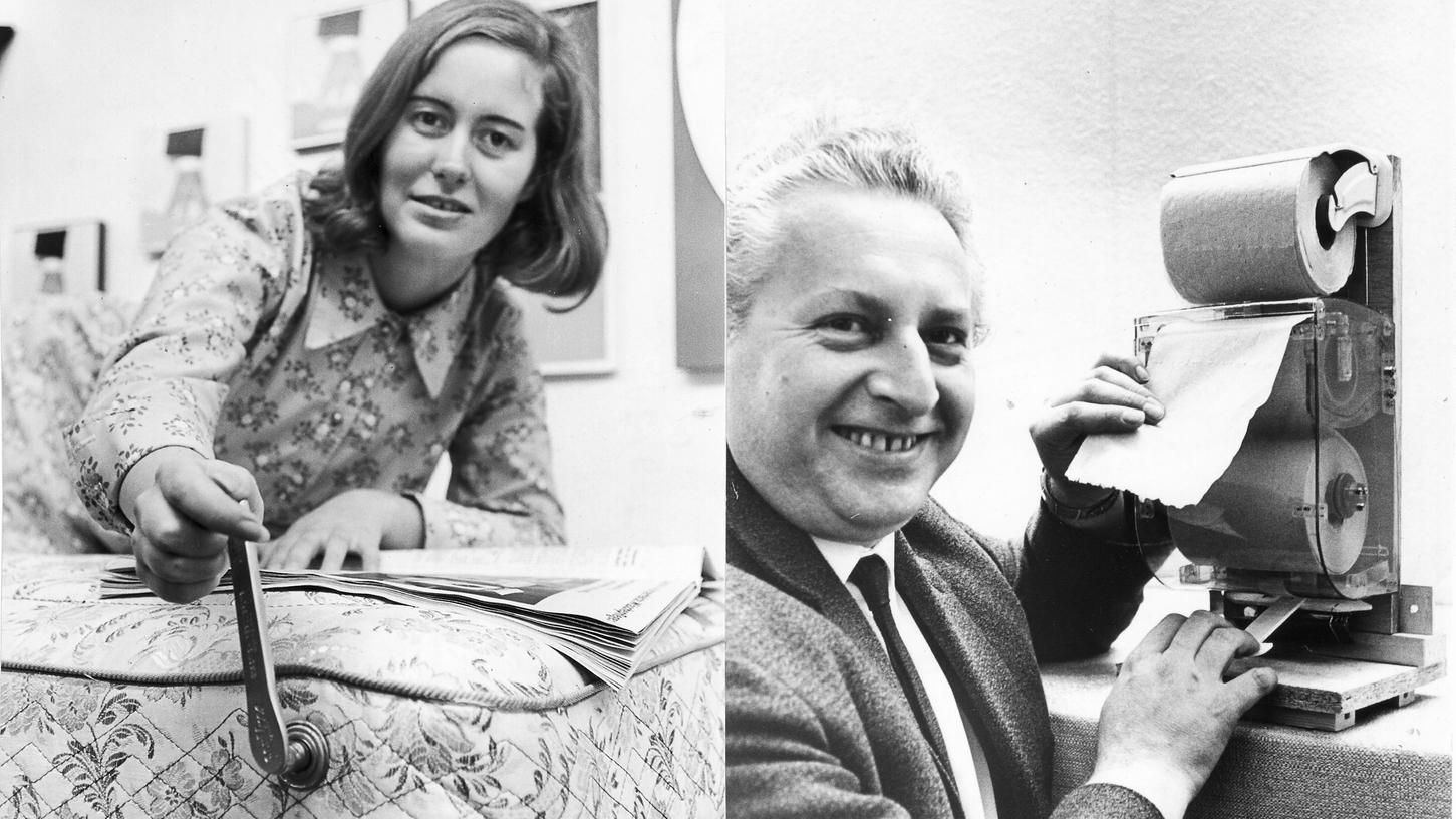 Schluß mit der Kletterei auf Stühle und Leitern! Ein Griff – und die Gardine kommt herunter zur Hausfrau. – Eine neue Anwendung des „Schukra“-Prinzips, das schon auf Ausstellungen zu sehen war: die von hart auf weich regulierbare Matratze (links). Daneben ein überaus origineller Einfall: der Klo-Rollen-Anfeuchtungsapparat eines ungarischen Erfinders. Schluß mit der Kletterei auf Stühle und Leitern! Ein Griff – und die Gardine kommt herunter zur Hausfrau. – Eine neue Anwendung des „Schukra“-Prinzips, das schon auf Ausstellungen zu sehen war: die von hart auf weich regulierbare Matratze (links). Daneben ein überaus origineller Einfall: der Klo-Rollen-Anfeuchtungsapparat eines ungarischen Erfinders.